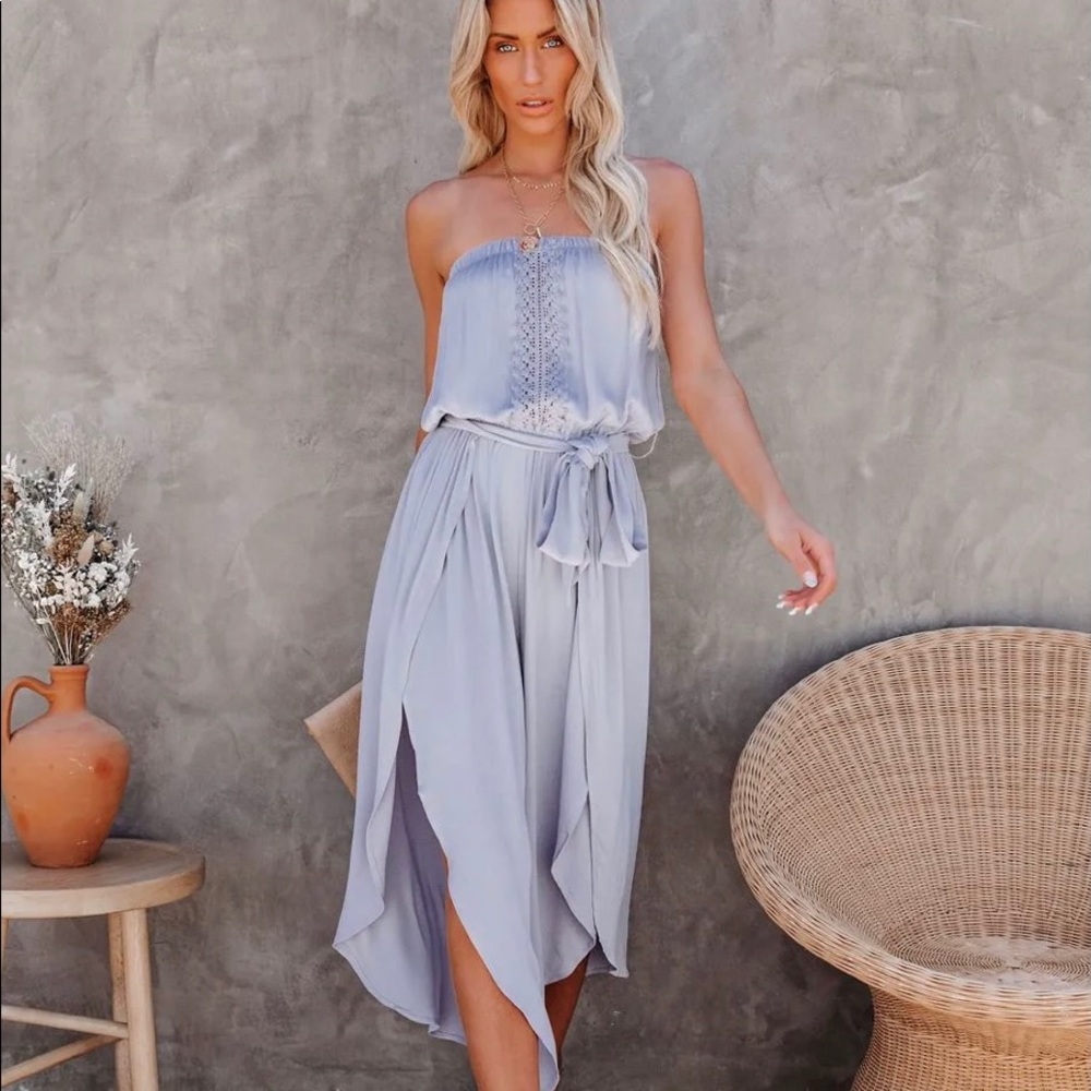 STRAPLESS CROCHET SLIT JUMPSUIT - DUSTY LAVENDER